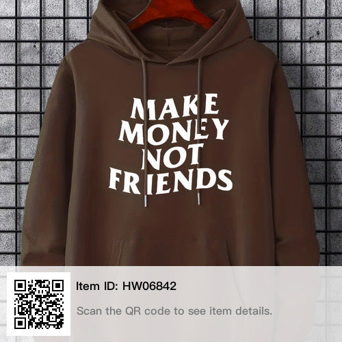 Plus Size Men's 'MAKE MONEY NOT FRIENDS' Graphic Print Hoodie, Comfy Stretch Drawstring Trendy Hooded Pullover, Oversized Loose Sweatshirts