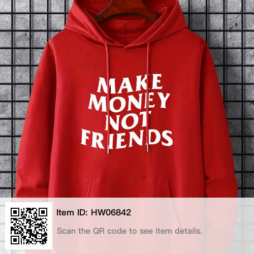 Plus Size Men's 'MAKE MONEY NOT FRIENDS' Graphic Print Hoodie, Comfy Stretch Drawstring Trendy Hooded Pullover, Oversized Loose Sweatshirts