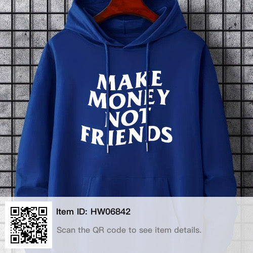Plus Size Men's 'MAKE MONEY NOT FRIENDS' Graphic Print Hoodie, Comfy Stretch Drawstring Trendy Hooded Pullover, Oversized Loose Sweatshirts